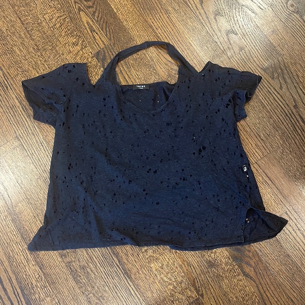 Terez Distressed Black Shoulder T Shirt